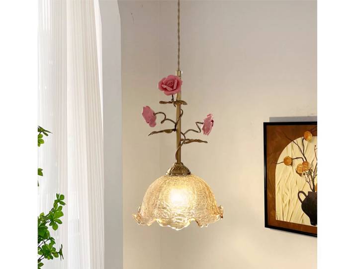 Lampe suspendue décorative florale française, abat-jour en verre, luminaire décoratif d'intérieur, idéal pour une chambre à coucher, une salle à manger, un salon, une cuisine