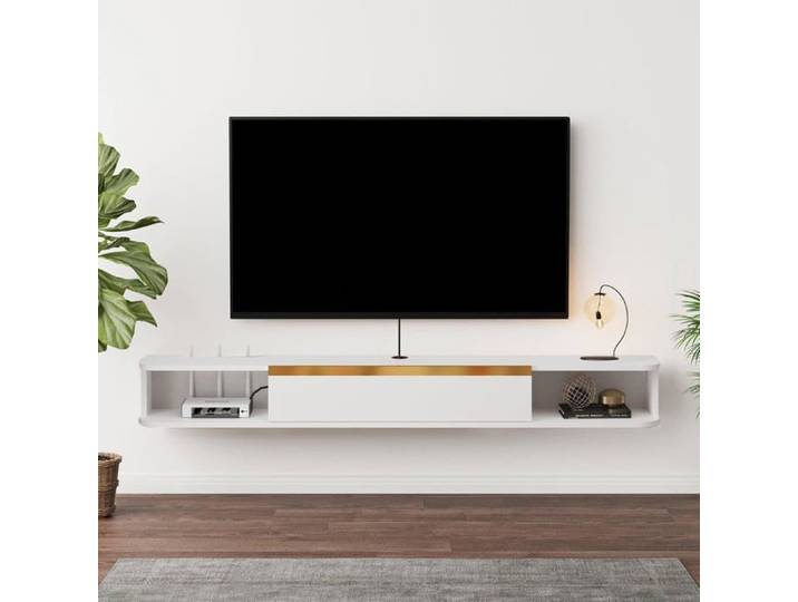 Meuble TV Suspendu Meuble TV Flottant 150cm Blanc Étagère Murale Multifonctionnelle