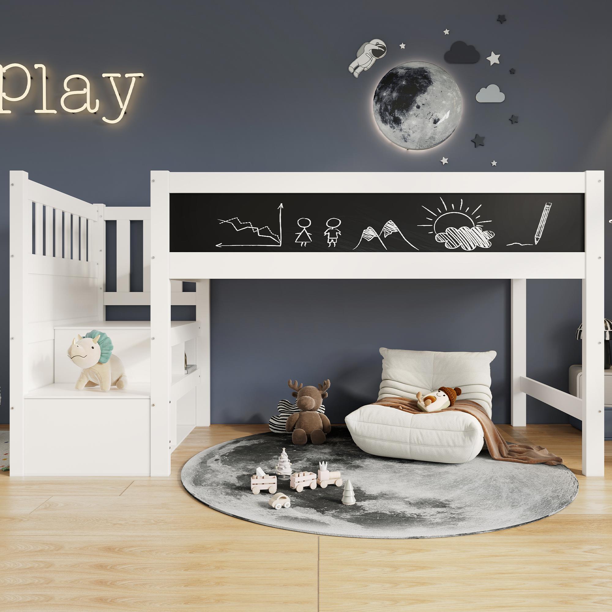 Flieks Etagenbett 90x200cm mit Tafel, Kinderbett Hochbett mit Stauraumtreppe, Massivholz Kinderbett Einzelbett mit Lattenrost, Weiß