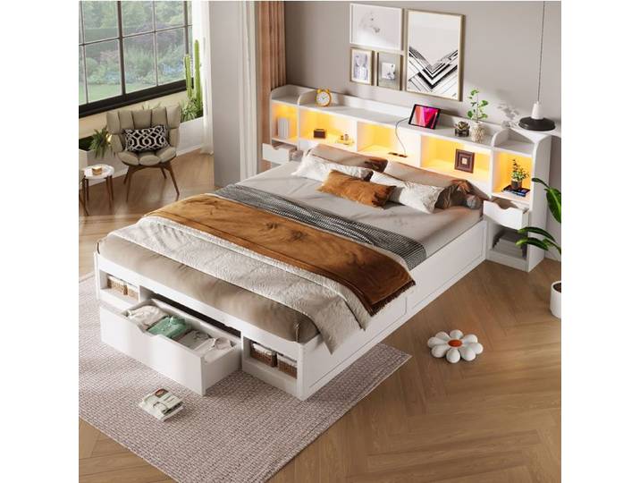 MEUBLIV Lit plateforme 180 x 200 cm avec rangements 3 tiroirs LED USB blanc