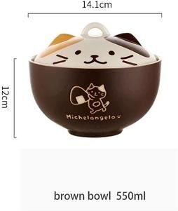 Uplifted Finds 550ml Cartoon Cat Ceramic Instant Noodle Bowl   Premium Underglaze Color Soup & Salad Bowl With Lid brown
