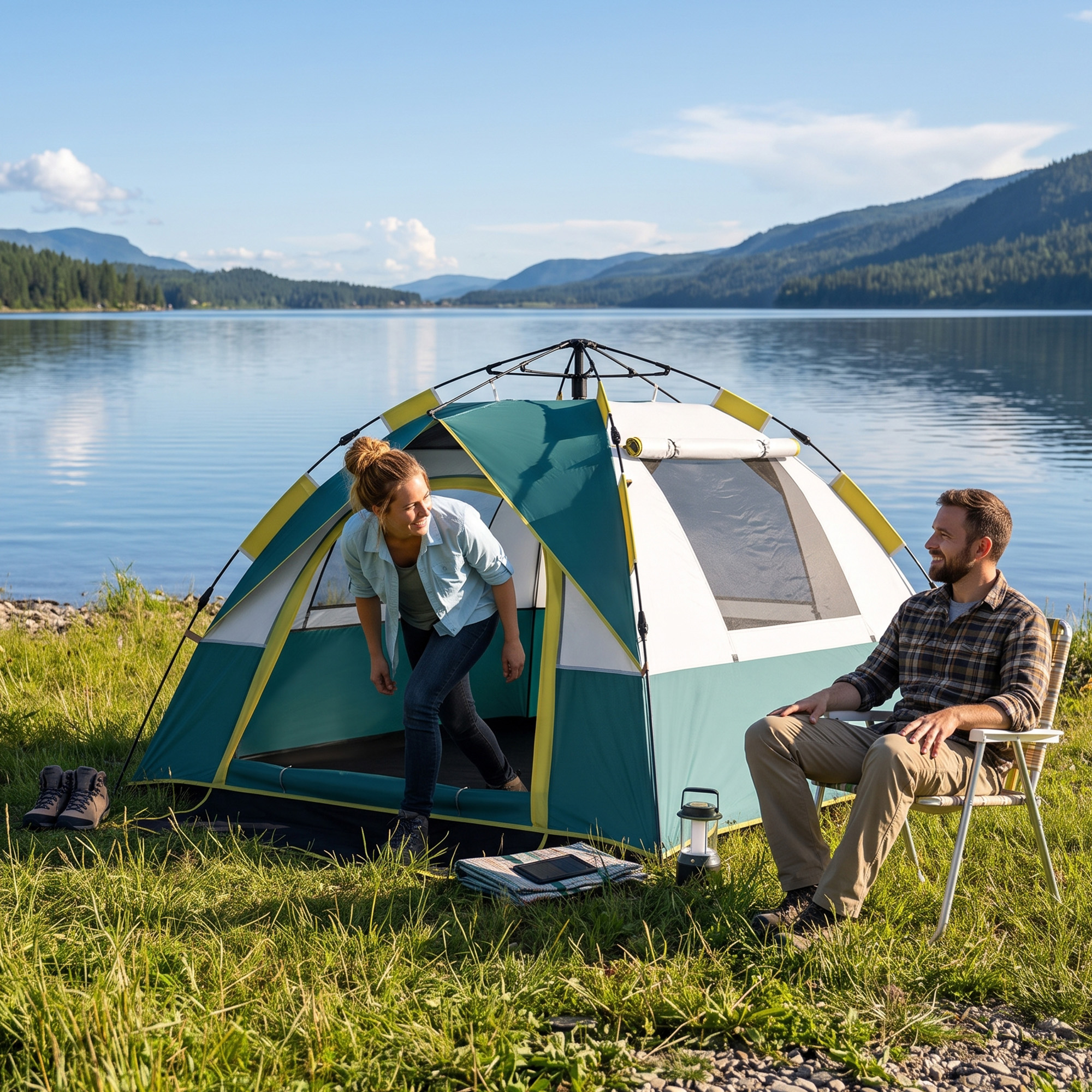 Outsunny Tenda da Campeggio Automatica per 2 Persone con Tasche Interne e Tappetino, 205x195x135cm Verde Aosom