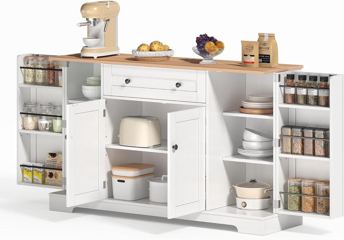 Keukenkast Buffet Wit Naturel met Verstelbare Planken en Deuren met Laden - Breedte: 138 cm