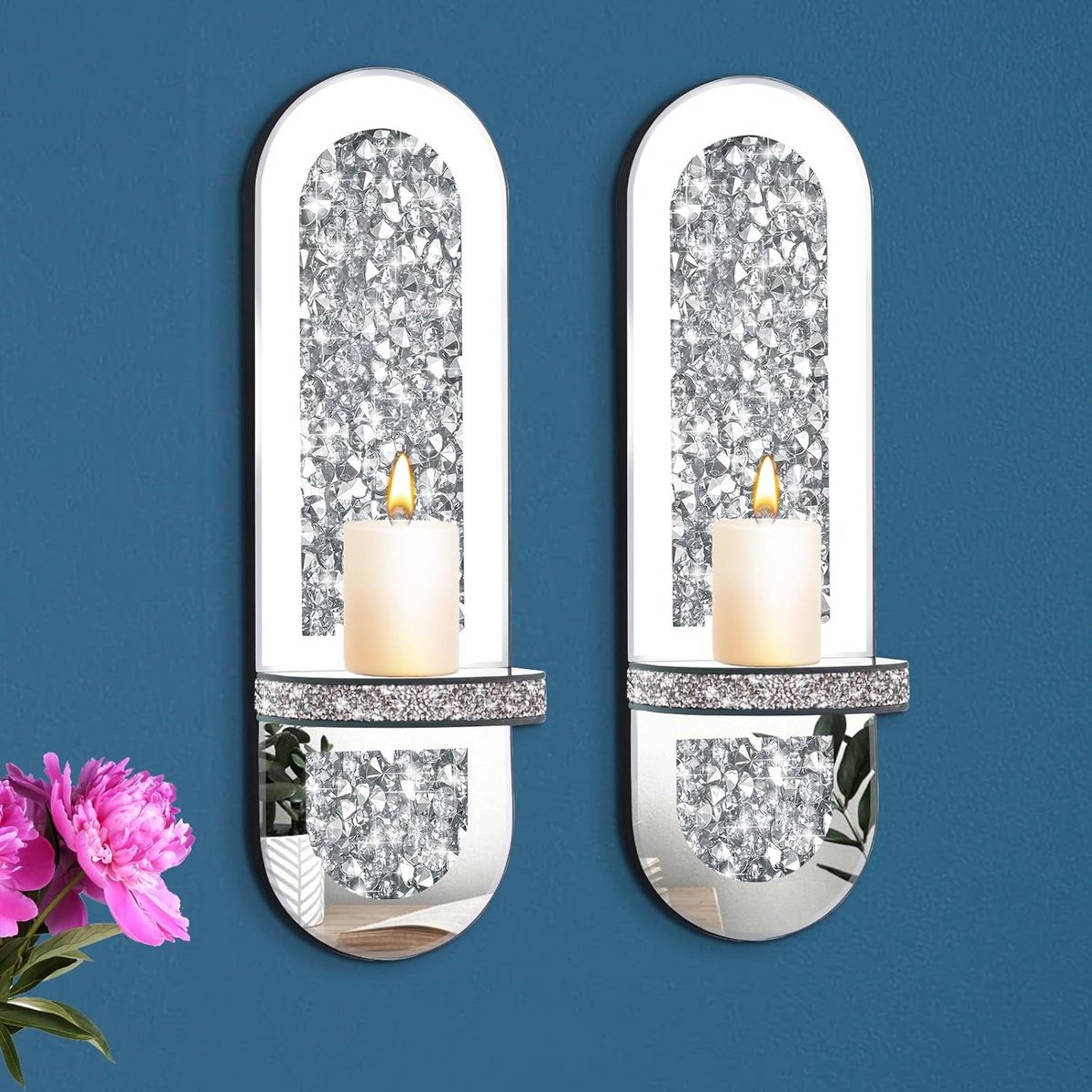 Set van 2 Zilveren Kandelaars met Kristal en Geslepen Diamant Effect voor Taperkaarsen