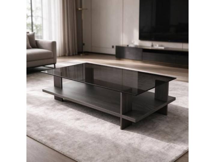 YHTCSXMD Moderner Couchtisch, Glastisch Wohnzimmer mit Holz Hartglasplatte und Holzstruktur, zwei Ablageflächen, nordisches Design für Bücher und Deko, moderner Wohnzimmertisch