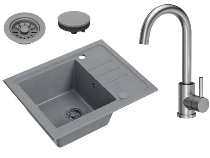 VBChome Spülbecken Granit Grau mit Armatur 55 x 44 cm Einzelbecken Einbauspüle Gesprenkelt Reversibel Granitspüle Grau Siphon Waschbecken Armatur Inox