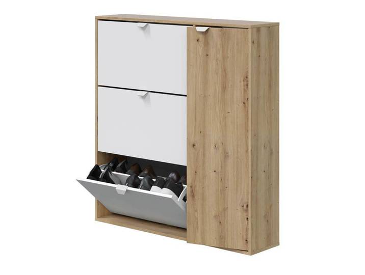 Meuble à chaussures commode à chaussures avec 4 portes coloris Chêne nordique blanc artik