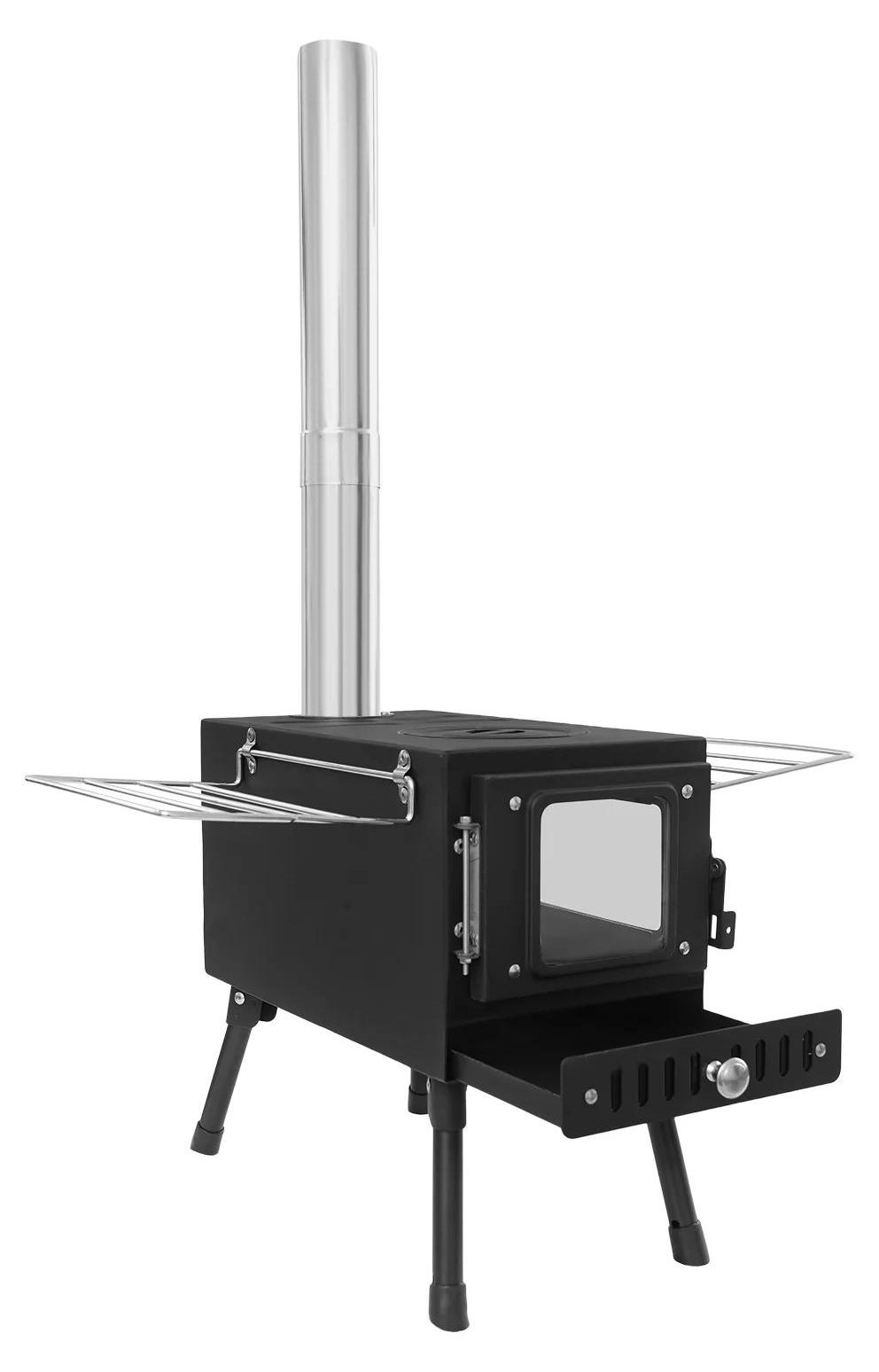Zeltofen Campingofen - ZA360 Holzofen - Gusseisen - 5-teiliges Rauchrohr - Sichtfenster bis 800°C - Tragbar für Outdoor Kochen - Schwarz