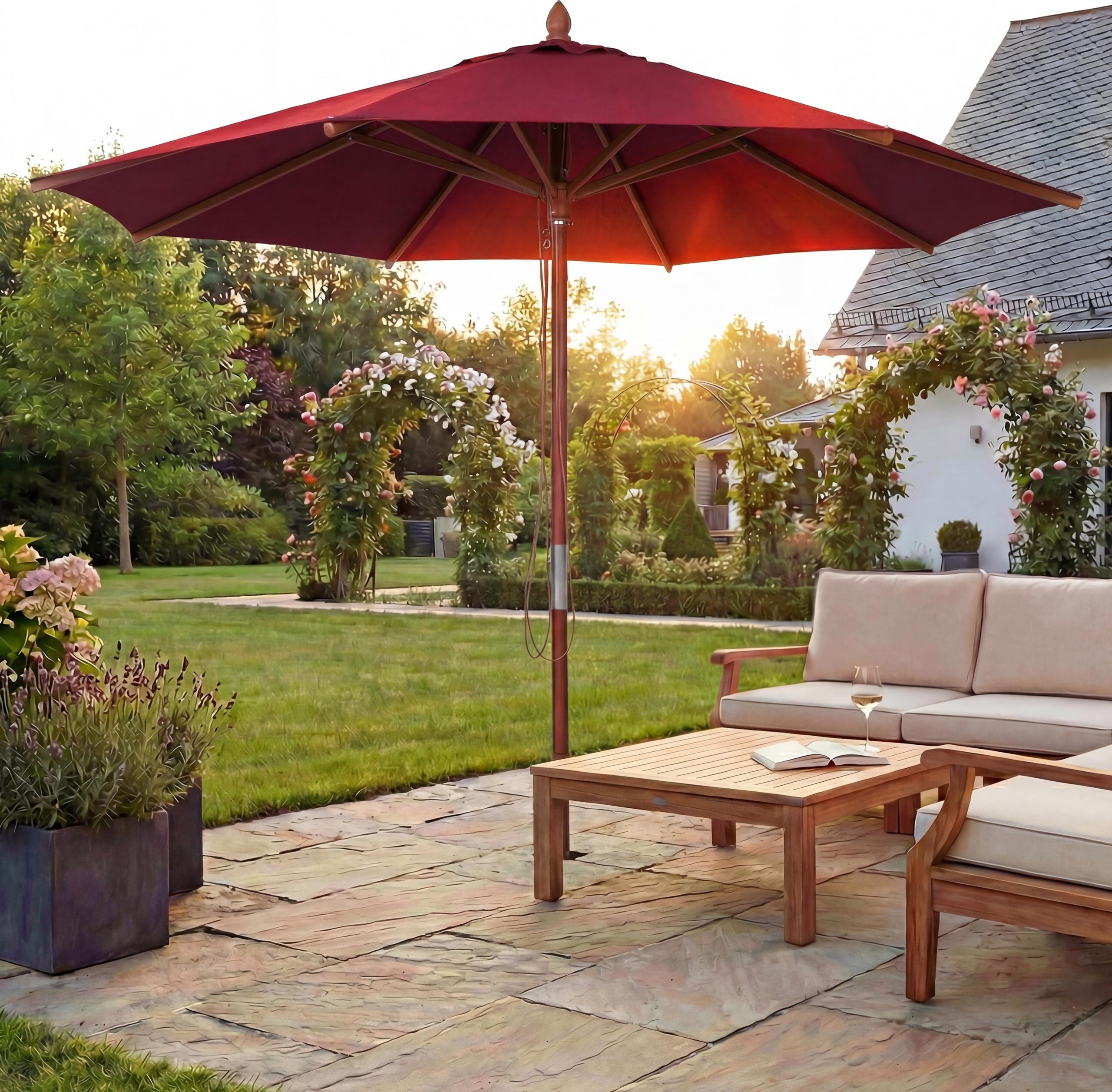 Gastronomie Holz-Sonnenschirm MCW-C57b, Gartenschirm, Polyester/Holz 14kg, rund Ø3m Seilzug stoßsicher bordeaux