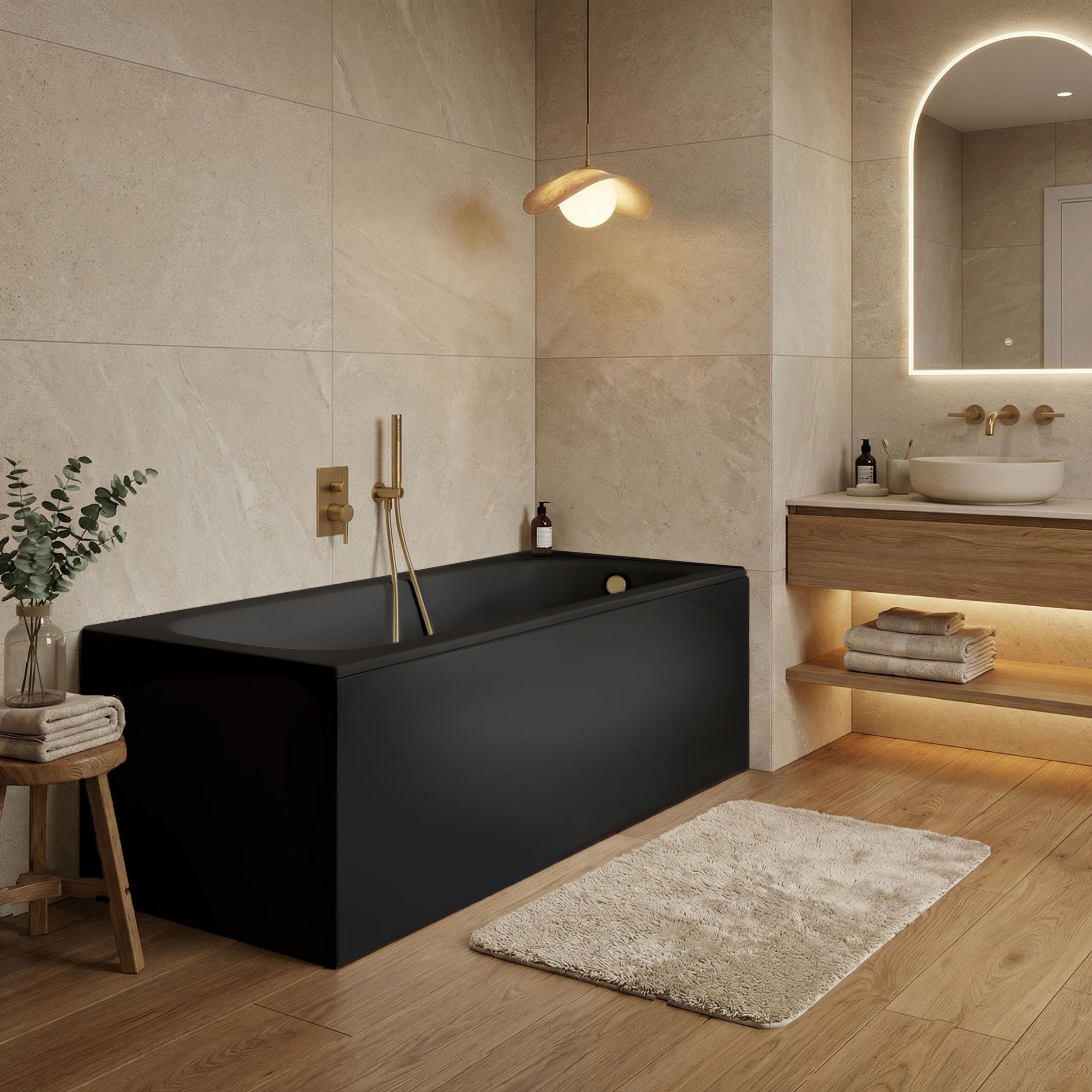 AQUA for you | Badewanne - KRONOS SQUARE - Rechteckbadewanne - 170x70 cm - Schwarz Matt - mit Verkleidung, Syphon, Füßen, Wanne Set