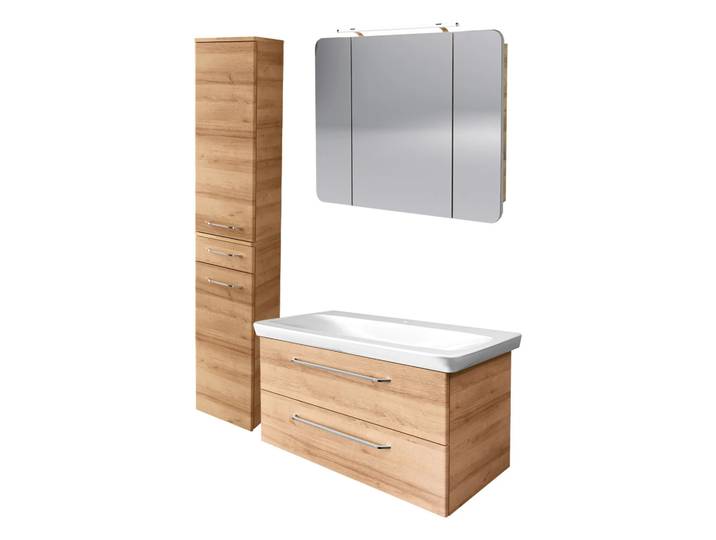 FACKELMANN MILANO Badmöbel Set 4-teilig 107 cm breit, Braun hell, Waschbecken Keramik Weiß + LED Spiegelschrank + Hochschrank