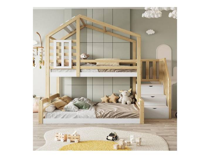 LuxusKollektion Hausbett Etagenbett Kiefer Hausdesign mit Stauraum 90x200cm Natur/Weiss