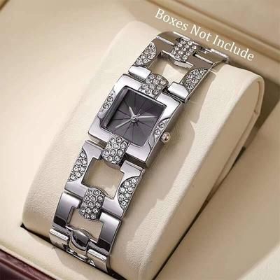 Fusion Finds Luxury Rhinestone Women's Square Quartz Watch Elegant Alloy Dress Wristwatch For Everyday Glamour silver Black