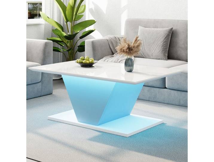 Table Basse Forme Spéciale Table Basse avec Lumières LED Table d'Appoint Haute Brillance Forme en V 100x50x46cm Blanc