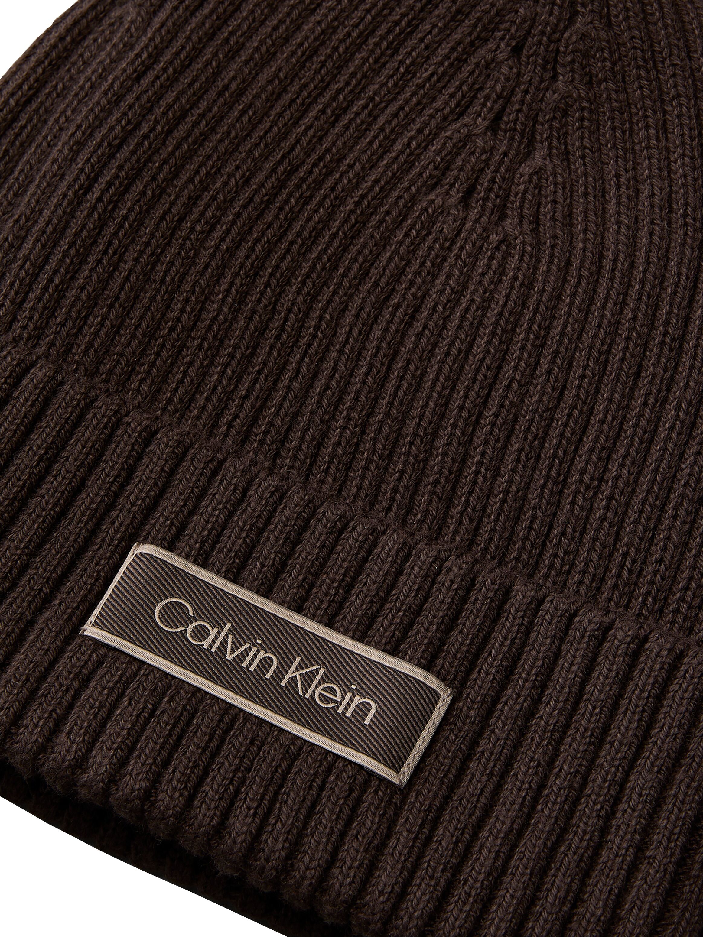 Strickmütze CALVIN KLEIN JEANS "PATCH CHUNKY RIB COTTON BEANIE", Herren, braun (delicioso), Strick, Baumwollmischung, Mützen Strickmütze, mit Markenlogo delicioso Einheitsgröße