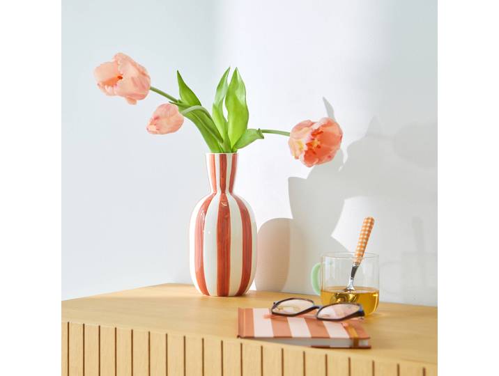 Vase grès rayé blanc terracotta - Blancheporte