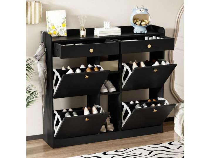 meuble rangement chaussure meuble d entree 110x26x100 cm noir avec tiroirs EVRYAE