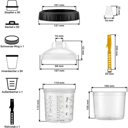 Wiltec, Farbsprühsystem, Mischbechersystem 600ml 50x Filter 125μm Lackmischbecher Autolackierung