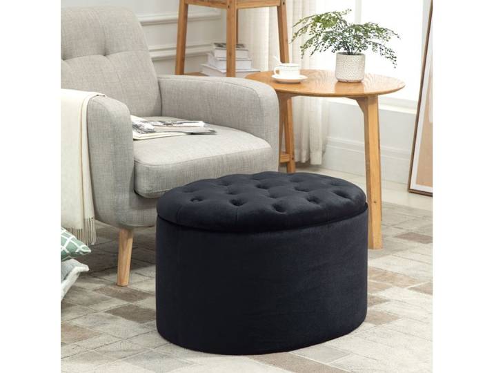Banc coffre ovale – banquette de rangement noire en polyester aspect velours – 71 x 52 x 42 cm