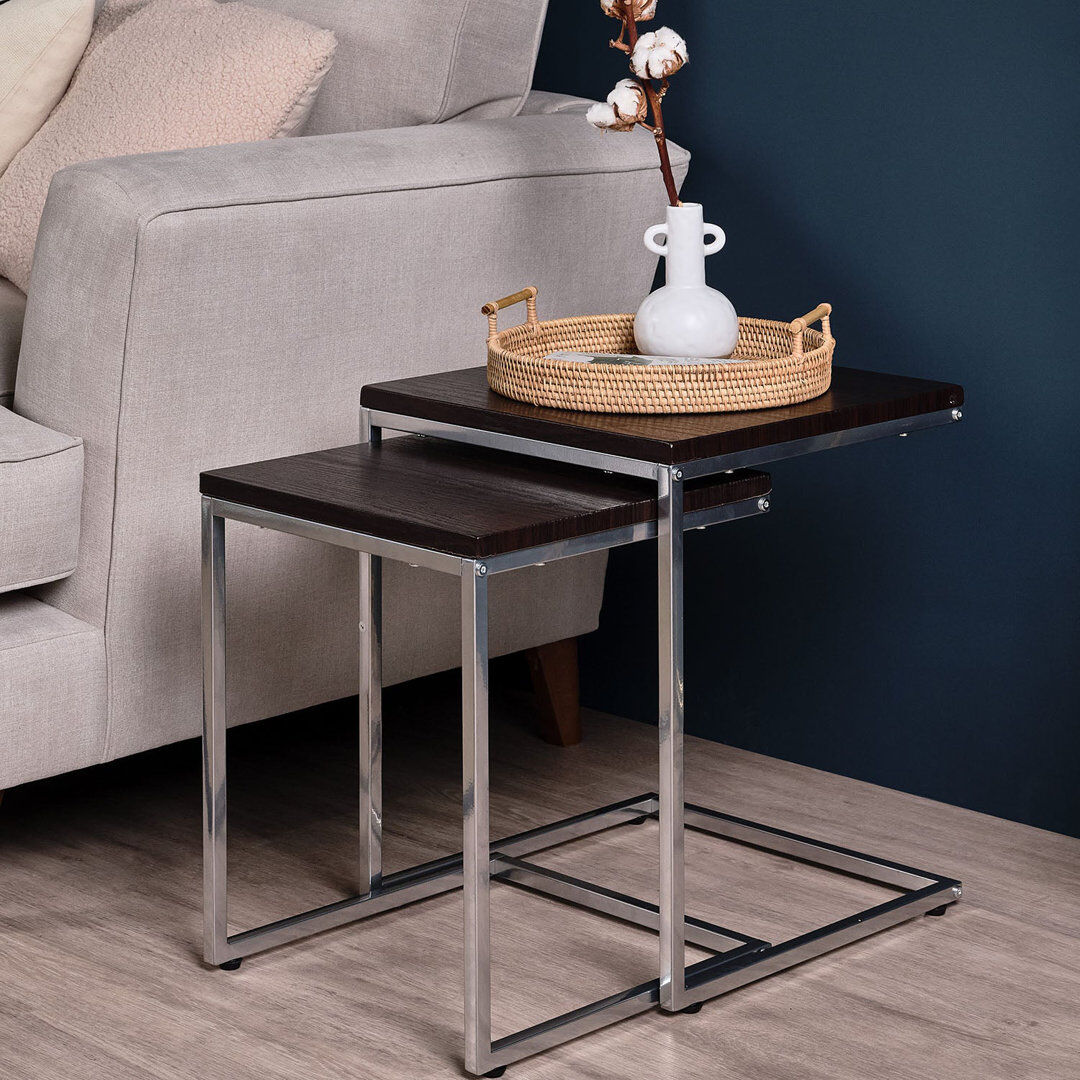 17 Stories Kalyssa Frame Square Nesting Side Tables Gold/Walnut Effect 49cm H X 40cm W X 40cm D