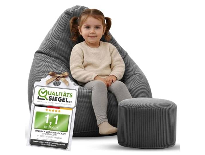 DreamRoots Sitzsack Kinder Cord 70x70x105 mit Hocker, Frost Gray Bean Bag Chair mit Hocker, Lehne & Bezug, mit Füllung, Sitzkissen Boden, Kindersitzsack Kinderzimmer