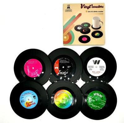 Uplifted Goods 6 Piece Retro Vinyl Record Coaster Set With Storage Rack 6pcs