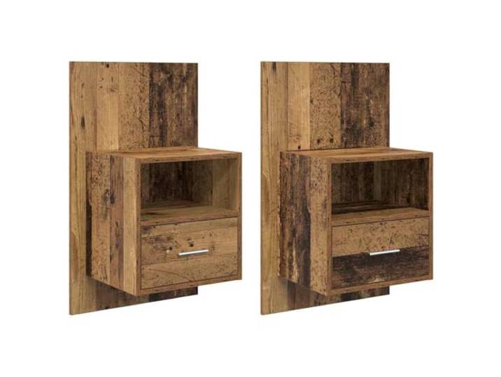 Fisinber Nachttisch 2er-Set Wandmontiert Altholz 50x32,5x80cm Schwebendes Design schafft Bodenfreiheit im Schlafzimmer: Platzsparender Hängeschrank mit Schublade und Regalböden.