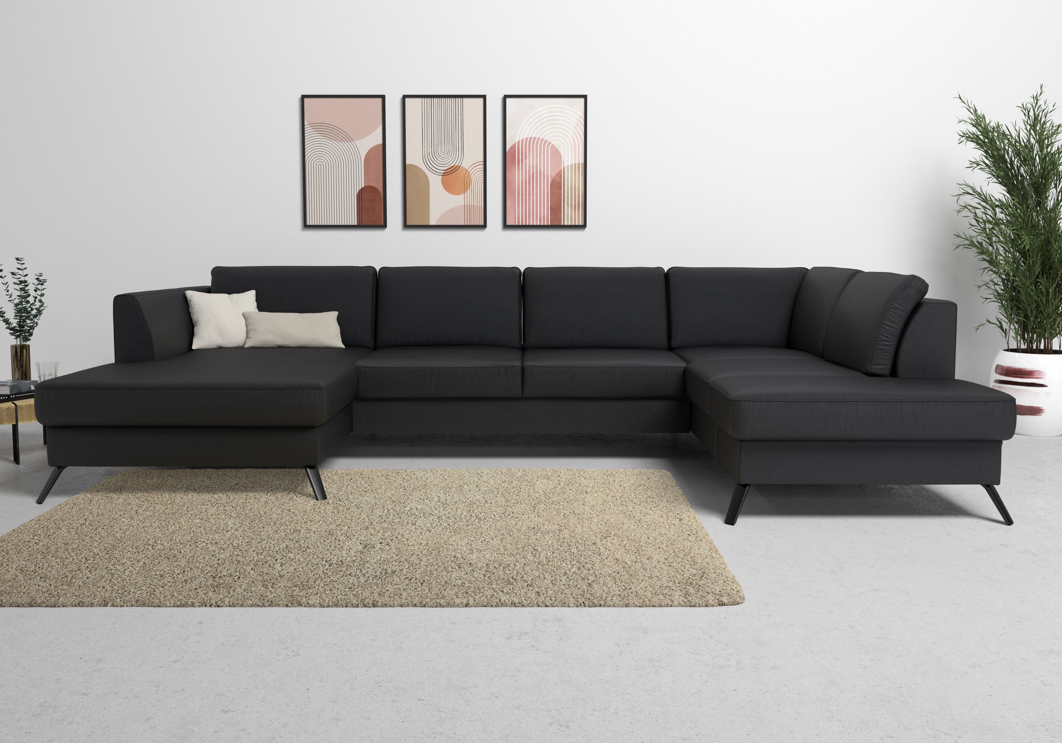 Wohnlandschaft SIT & MORE "Olsen U-Form", schwarz, B:335cm H:88cm T:201cm, 98% Polyester 2%Polyamid, Sofas, Wohnlandschaft, inklusive Sitztiefenverstellung, optional Schlaffunktion, 15cm hoch schwarz B/H/T: 335cm x 88cm x 201cm, Soft clean, Ottomane recht