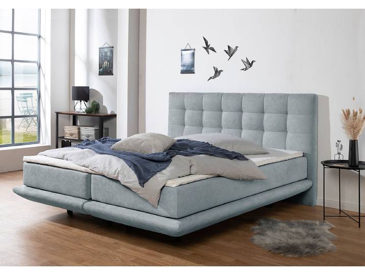 Boxspringbett Onorato 200 x 200cm Microfaser Blau/Babyblau H3 Bonellfederkernmatratze