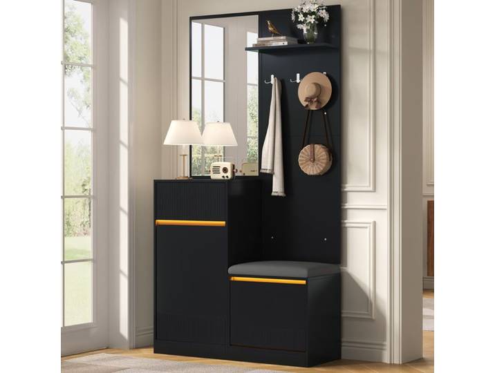 WUVRIE Garderobe d'entrée avec miroir banc meuble à chaussures LED et app noire