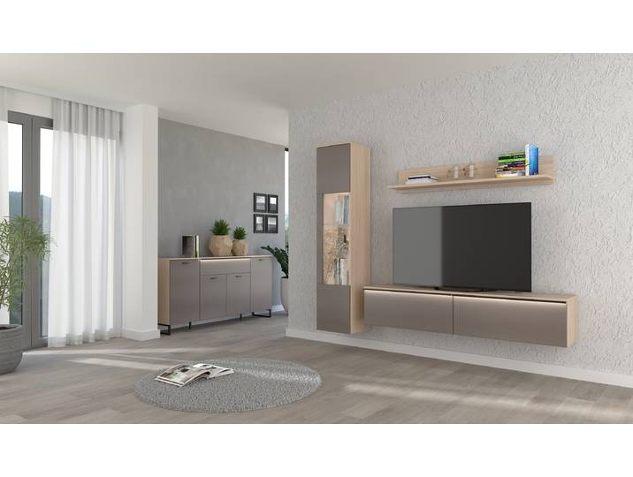Beleuchtetes Sideboard 174 x 89 x 41cm Braun/Sandgrau/Eiche Hell Dekor