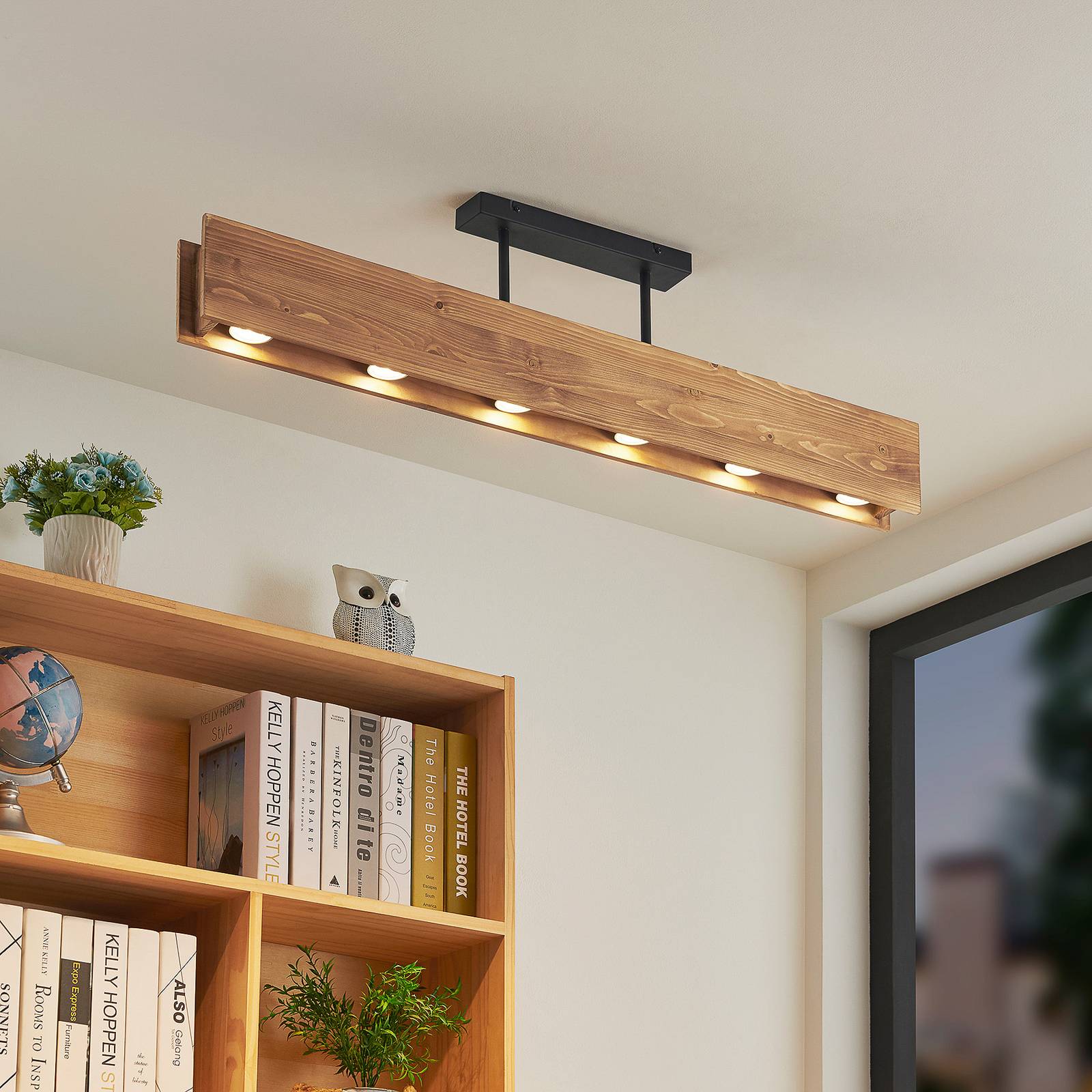 Wooden Ceiling Light Malwin Lindby, dimmable, Dark wood, Living / Dining Room, Wood, Scandinavian, Ceiling Light