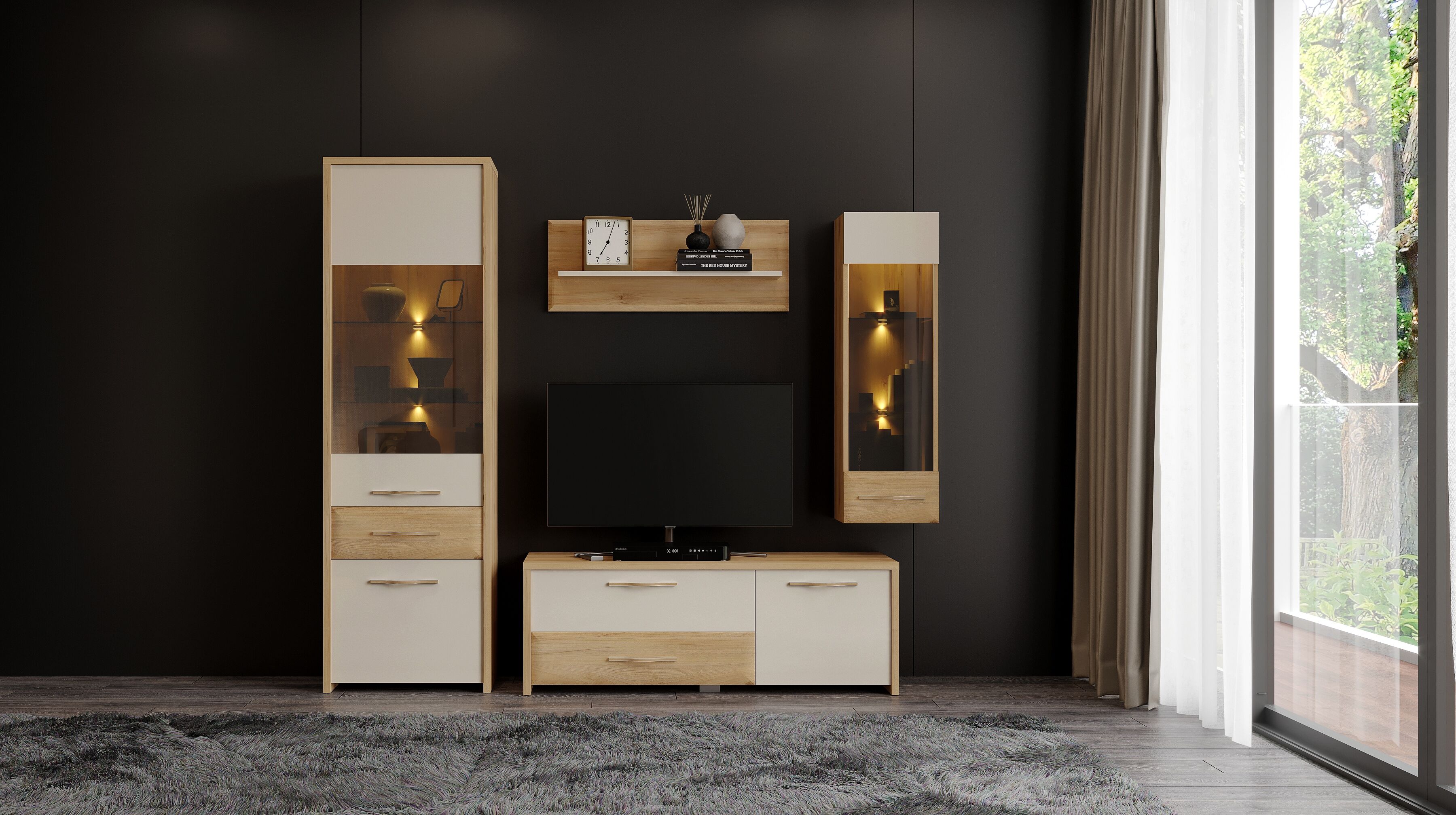 Hängevitrine GOODPRODUCT "Gala", beige (beige, pacific walnuss decor), B:35cm H:115cm T:30cm, Glas, Holzwerkstoff, MDF, Schränke, Hängevitrine, UV lackiert, kratzfest, hochglänzend, mit Beleuchtung beige, pacific walnuss decor Pacific Walnuss Decor, B/H/T