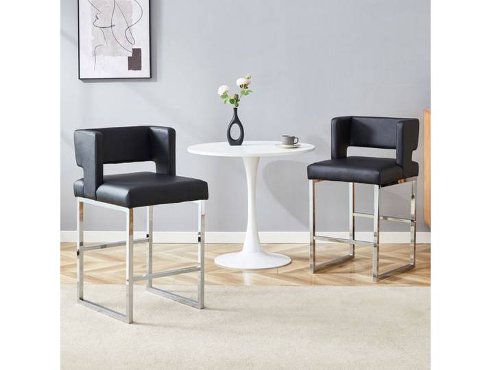 Lot de 2 Tabourets de Bar Noirs Design Nordique avec Pieds en Métal Argenté Chaise Haute de Cuisine Assise Carrée