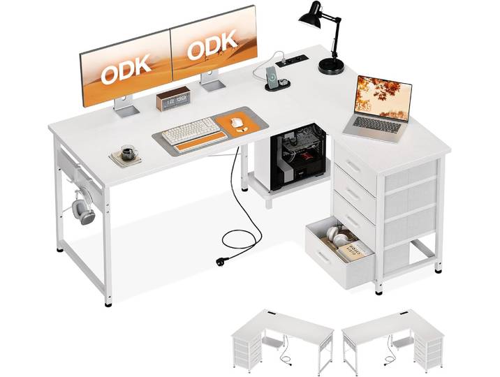 Bureau d'angle Colehome avec 4 tiroirs, bureau réversible avec rangement pour bureau à domicile, 135 × 100 cm Bianco