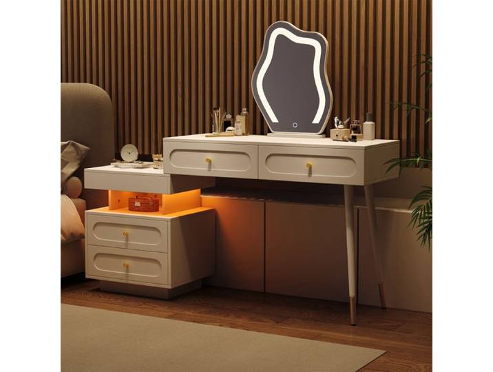 Coiffeuse - POCKETPOP - Miroir LED - 4 tiroirs - L140 x P40 x H130 cm Blanc