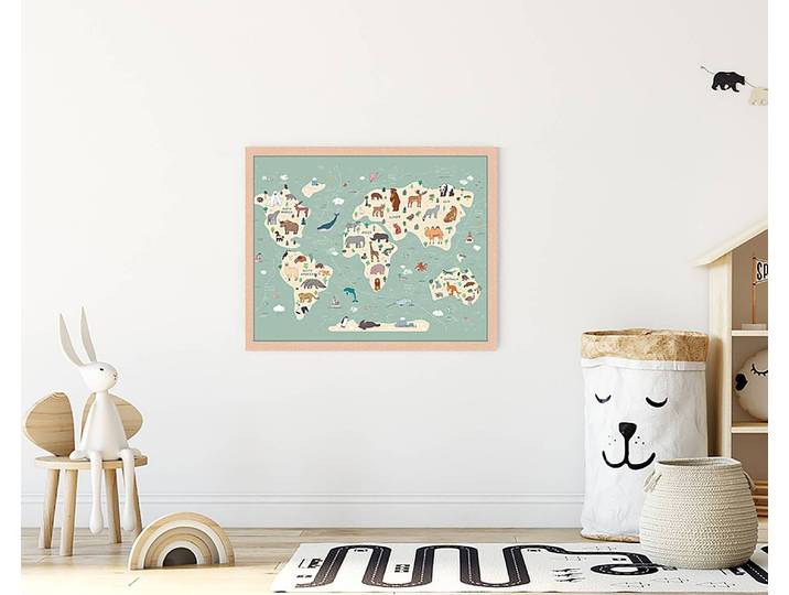 Tableau déco Animals World Map 43 x 53cm Multicolore
