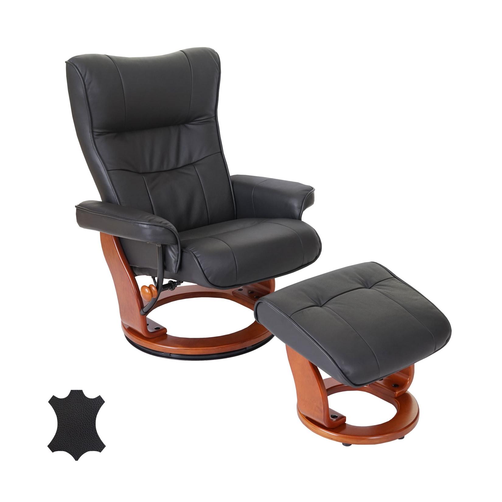MCA Relaxsessel Edmonton, Fernsehsessel Hocker, Echtleder 130kg belastbar ~ schwarz, honigfarben