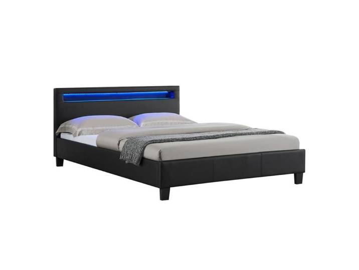 Lit LED double 140x190 cm avec sommier tête de lit confortable lit 1 place revêtement en tissu noir RIOJA