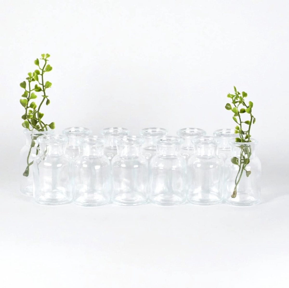 Set van 12 transparante glazen mini vaasjes van 30 ml voor decoratie