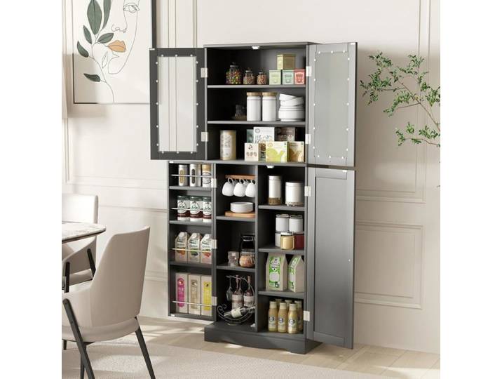 GOPLUS Buffet Haut de Cuisine H.161 5CM-Étagères de Porte + 1 Placard à Portes en Verre Trempé-Dispositif Anti-basculement Noir