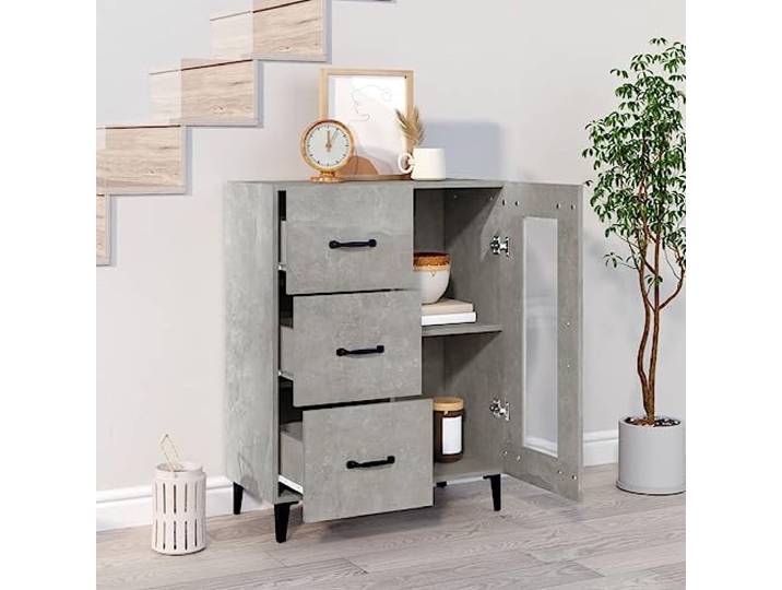 KTHLBRH Anrichte grau Beton 69,5 x 34 x 90 cm Holz mehrschichtig 1 Glastür, 3 Schubladen, gehärtetes Glas, Metall, einfach zu montieren
