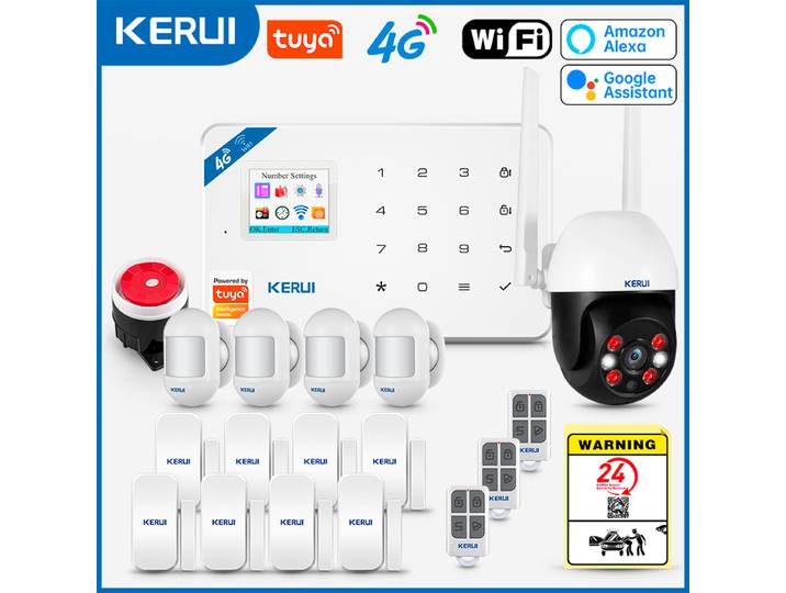 KERUI W184 4G Tuya intelligent WIFI GSM système d'alarme de sécurité fonctionne avec Alexa maison détecteur de mouvement anti-cambriolage capteur de porte caméra extérieure