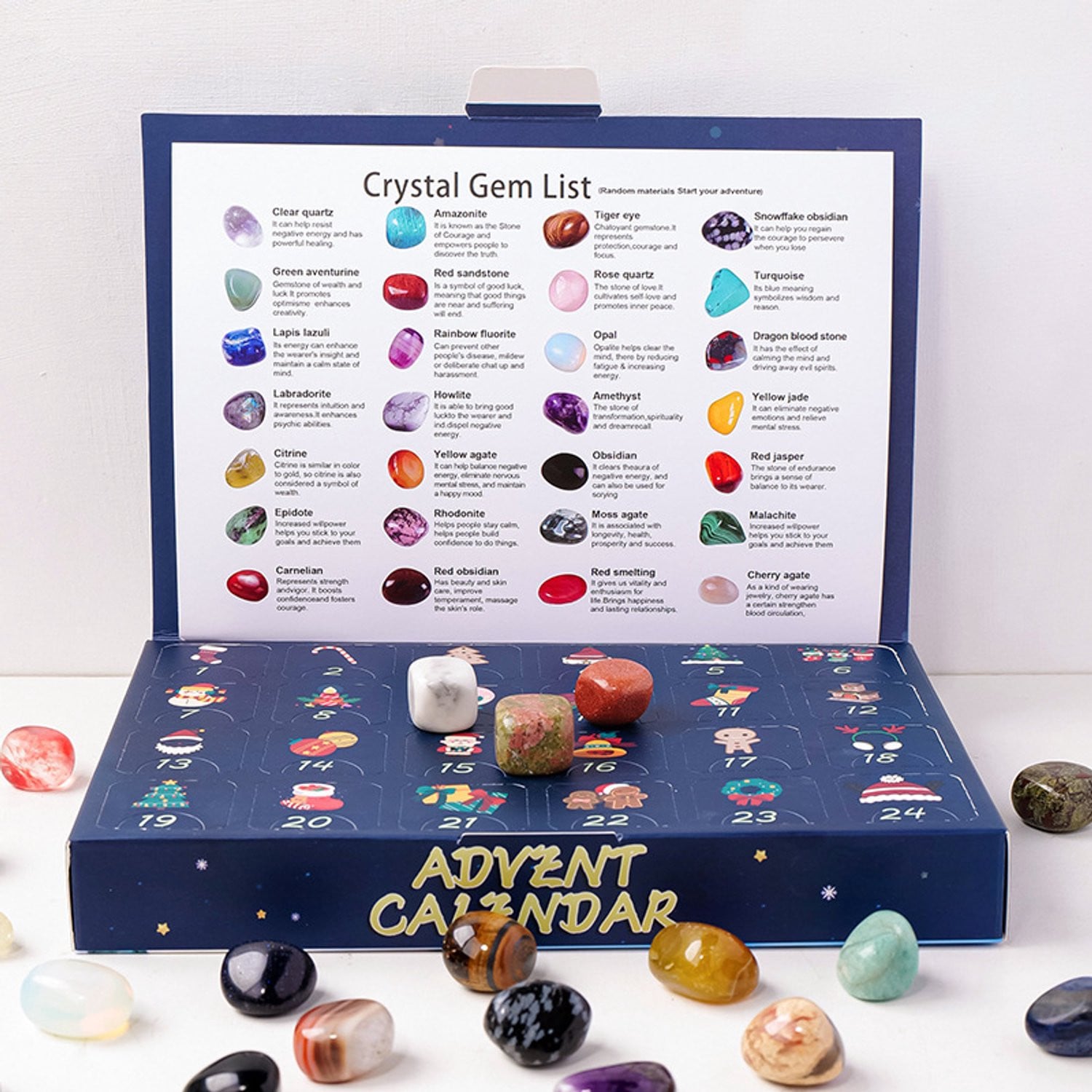 Kerstadventskalender met 24 dagen natuurlijke kristallen en mineralen - Geologie-educatieset voor volwassenen