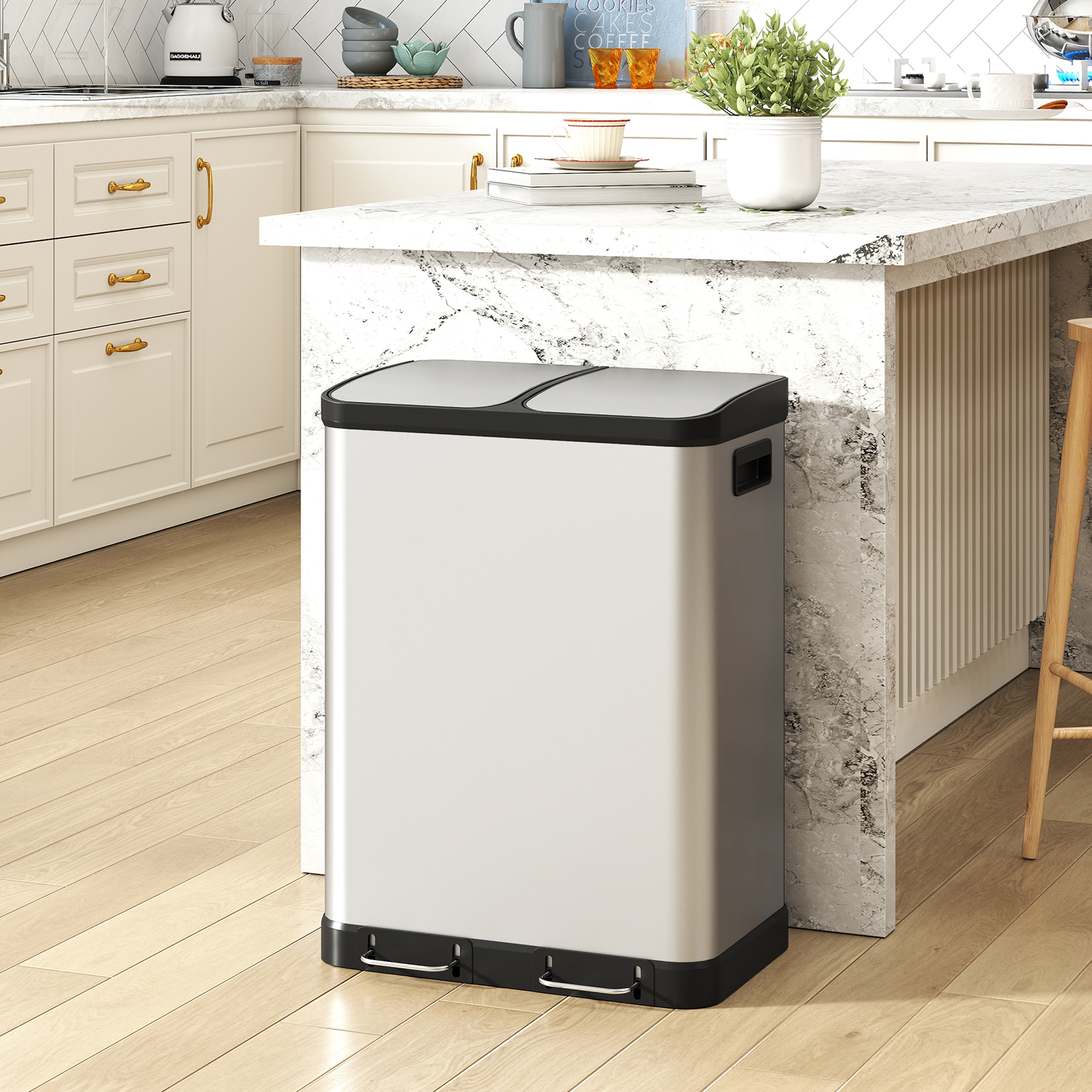 Homcom Pattumiera da cucina 2x30 L con pedale e chiusura ammortizzata, acciaio inox, argento   Aosom Italy
