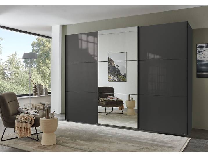 Schwebetürenschrank Indiana - Glasfront 300cm Schwarz/Grau/Graphit mit Spiegeltür/-en