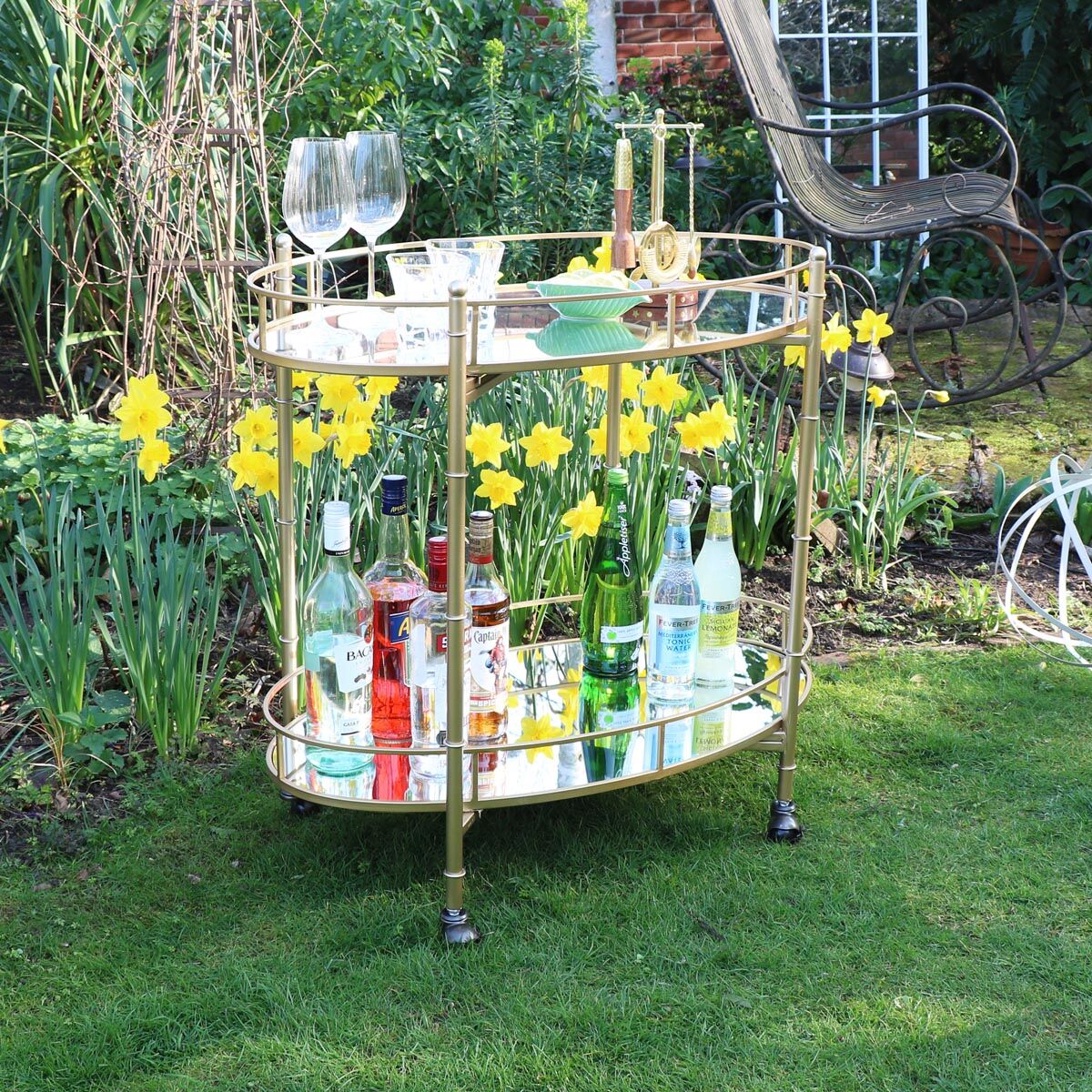 Gold Mirrored Oval Drinks Trolley Metal, Glass