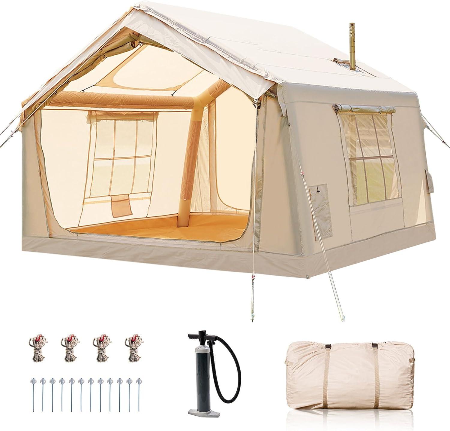 Meulbaty Aufblasbares Campingzelt 4-6 Personen, PU3000mm Wasserdicht, 210cm Stehhöhe, Kaminöffnung & 360° Netzfenster