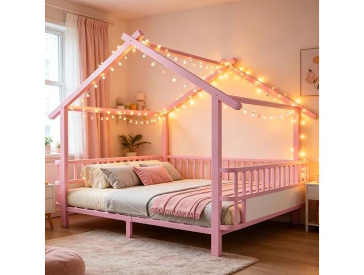 Merax Kinderbett aus Metall in Hausform 140x200 cm mit Sicherheitsgitter & Dachdesign – Rosa (Ohne Matratze)