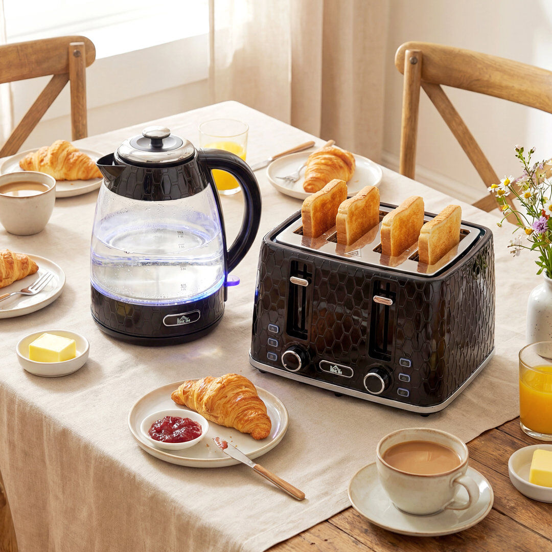 HOMCOM Kettle and Toaster Set with Strix Thermostat Crumb Tray Black 4 - Slice